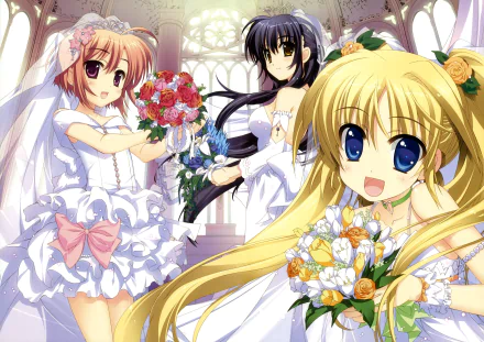 Anime wallpaper from Smile Shooter ~First Ticket~ showing three smiling brides in white dresses holding bouquets in a sunlit chapel — 5K Ultra HD PC desktop background.