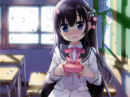 Anime-style original HD desktop wallpaper featuring a girl with long dark hair and blue eyes holding a pink gift box in a sunlit classroom.