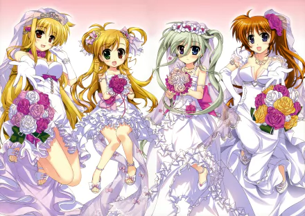 5K Ultra HD PC anime wallpaper of Magical Girl Lyrical Nanoha featuring Nanoha Takamachi, Fate Testarossa and two other heroines in white wedding dresses holding bouquets.