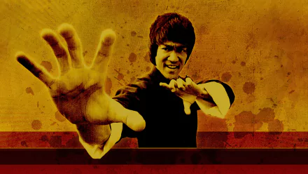 HD desktop wallpaper featuring Bruce Lee in a martial arts stance from the movie Enter the Dragon. The image has a dynamic, vintage aesthetic with a bold, yellow and red background.