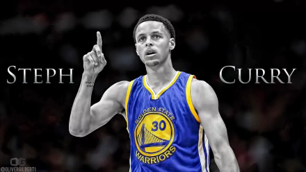 HD desktop wallpaper of Stephen Curry in a Golden State Warriors jersey, with a stylized black and white background.
