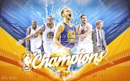 HD desktop wallpaper featuring Golden State Warriors players with dynamic graphics and the word Champions.