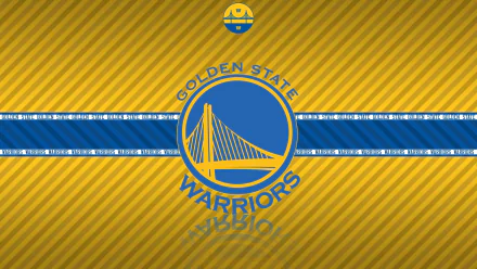 HD desktop wallpaper featuring the Golden State Warriors logo on a yellow and blue striped background.
