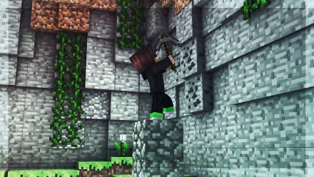 HD Minecraft video game wallpaper showing a character mining stone blocks on a detailed, textured PC desktop background.