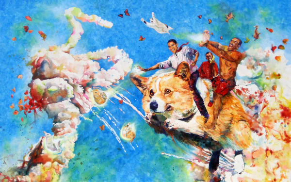 HD artistic wallpaper featuring vibrant colors, a dog with people riding it, butterflies, a bird, clouds, and a figure resembling Barack Obama in a lively, funny scene.