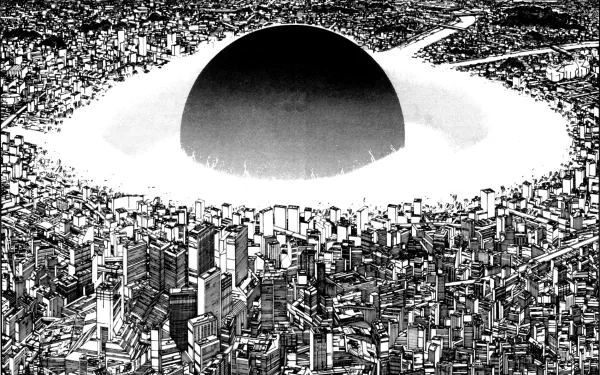 A striking HD wallpaper depicting a cityscape with a massive black void at its center, inspired by the anime Akira, showcasing a blend of urban detail and dystopian themes.