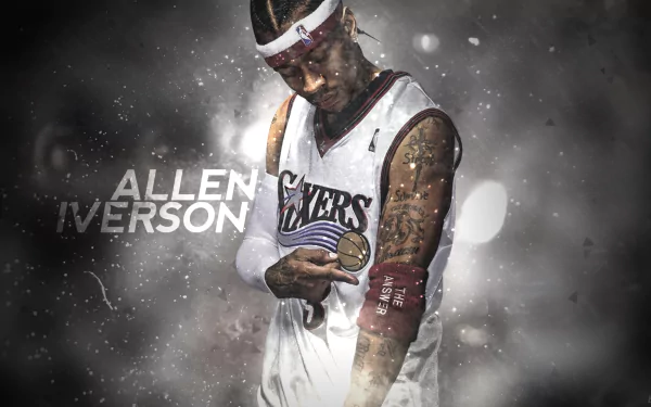 HD desktop wallpaper featuring a stylized image of Allen Iverson in a 76ers uniform with a dramatic grey and white background.