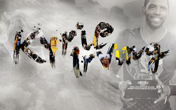 HD desktop wallpaper featuring a collage of dynamic basketball moments and a smiling portrait, tagged with Kyrie Irving.