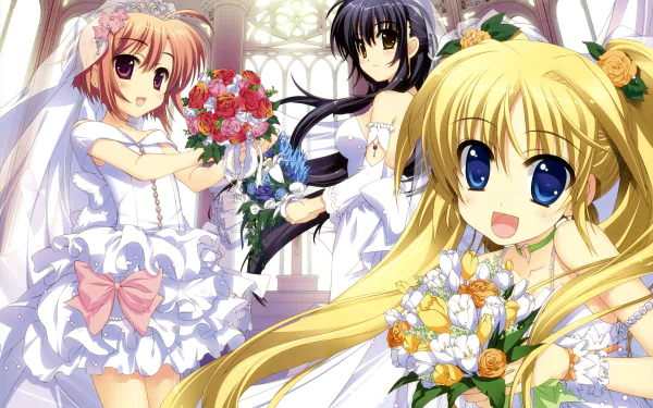 Anime wallpaper from Smile Shooter ~First Ticket~ showing three smiling brides in white dresses holding bouquets in a sunlit chapel — 5K Ultra HD PC desktop background.