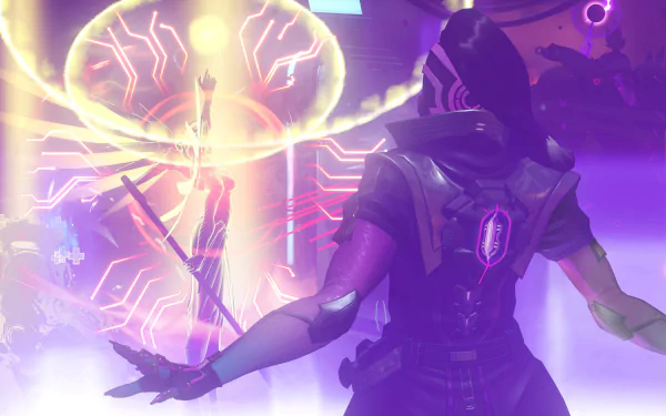 Sombra (Overwatch) manipulates a glowing purple holographic circuitry sphere with a silhouetted figure visible — video game 5K Ultra HD PC desktop wallpaper/background.