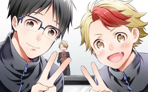 HD desktop wallpaper featuring characters from the anime Yuri!!! on ICE. The image shows two characters smiling and making peace signs with another character in the background.