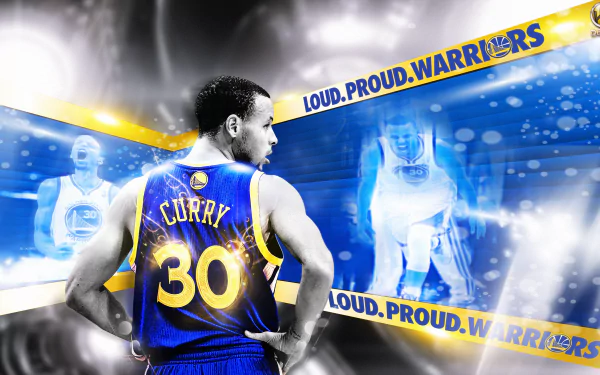 HD desktop wallpaper featuring Stephen Curry in a Warriors jersey with dynamic blue and yellow graphics.