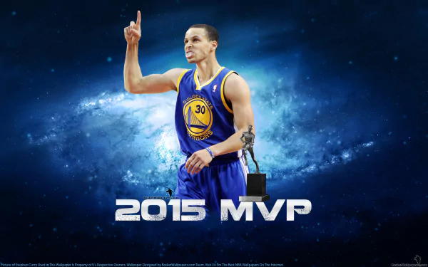 HD desktop wallpaper featuring Stephen Curry in a Golden State Warriors jersey, proudly holding the 2015 MVP award.