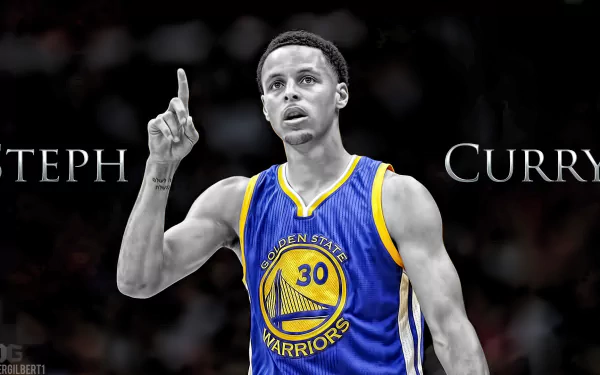 HD desktop wallpaper of Stephen Curry in a Golden State Warriors jersey, with a stylized black and white background.