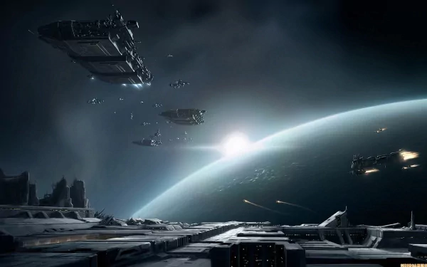 HD desktop wallpaper featuring a space scene from the video game EVE Online, showcasing spaceships hovering above a planet with a bright sun in the background.