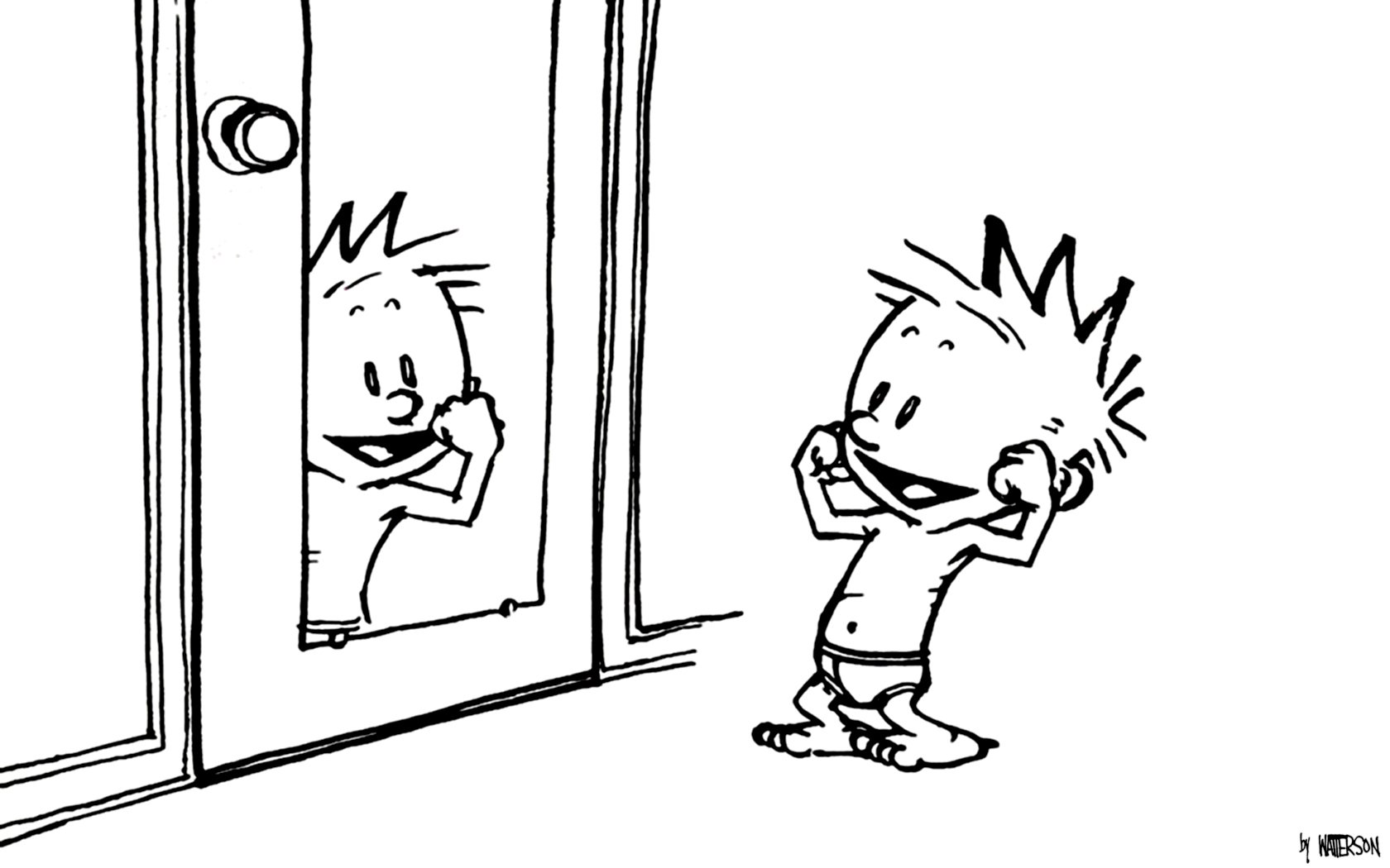 Black and white comic-style HD desktop wallpaper featuring Calvin from Calvin & Hobbes making a funny face in front of a mirror.