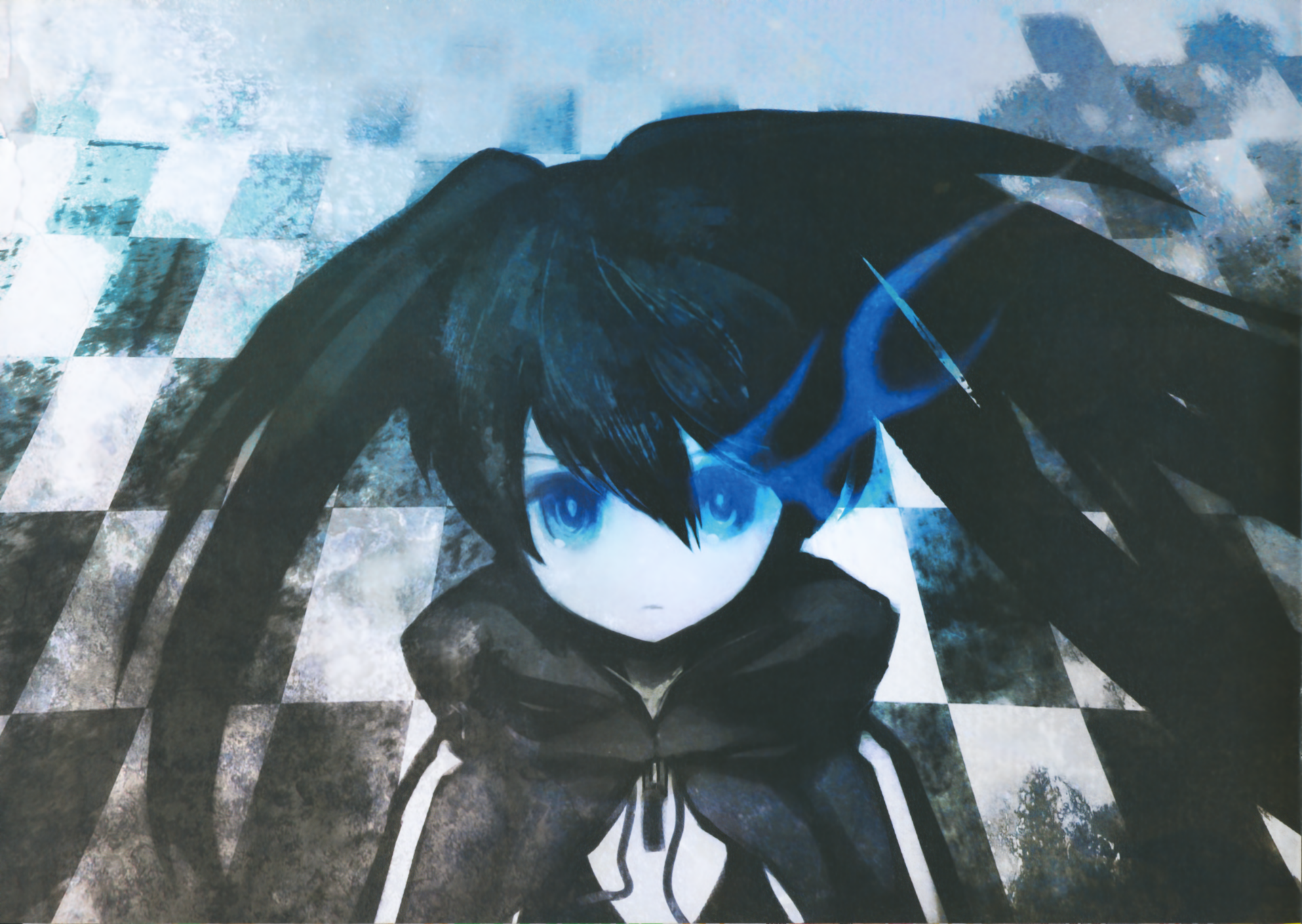 Black Rock Shooter anime: twin-tailed heroine with glowing blue eye against a smoky checkerboard backdrop — 4K Ultra HD PC desktop wallpaper.