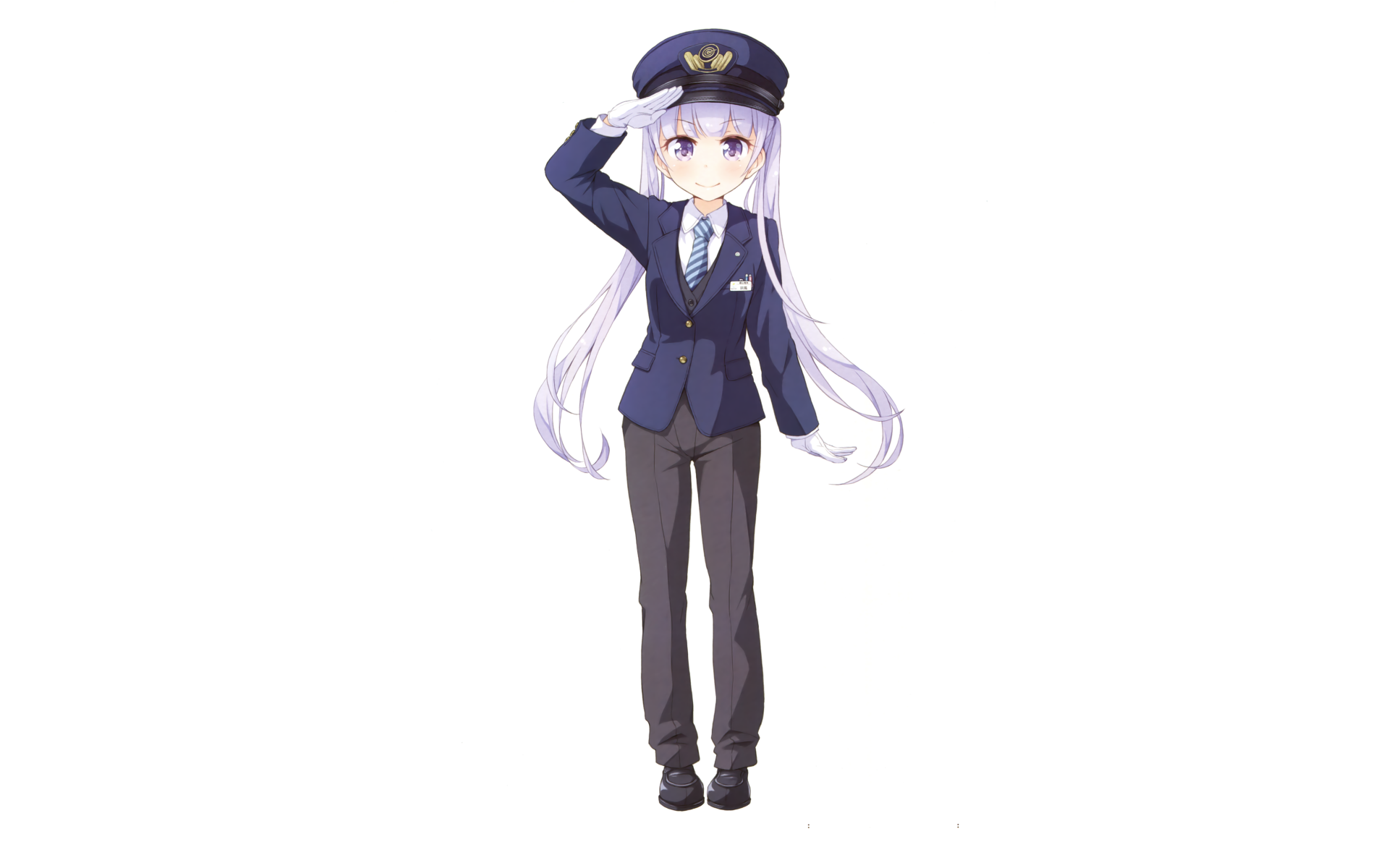 4K Ultra HD anime wallpaper featuring a character from New Game! dressed in a detailed navy pilot uniform with long white hair, set against a clean white background.