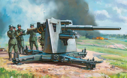 HD military desktop wallpaper depicting artillery crew operating a large field gun in a battlefield setting with smoke and distant explosions.