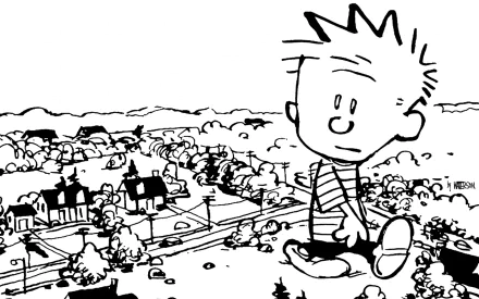 A black-and-white comic-style wallpaper featuring Calvin from Calvin & Hobbes, sitting contentedly above a landscape of houses and trees, capturing a whimsical moment.