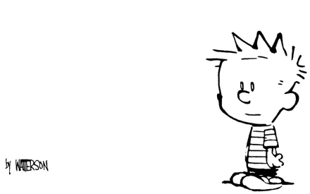 Calvin from *Calvin & Hobbes* stands thoughtfully in this HD desktop wallpaper, showcasing the iconic comic character in a minimalist black-and-white design.