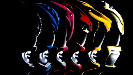 HD wallpaper featuring a lineup of colorful Power Rangers helmets against a black background.