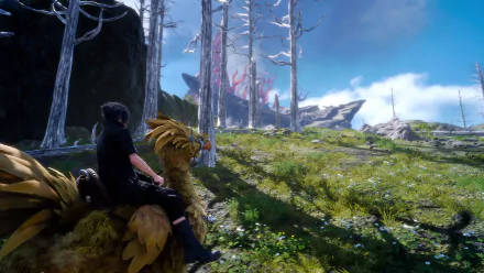 HD wallpaper featuring Noctis Lucis Caelum from Final Fantasy XV riding a Chocobo in a lush, fantastical landscape.