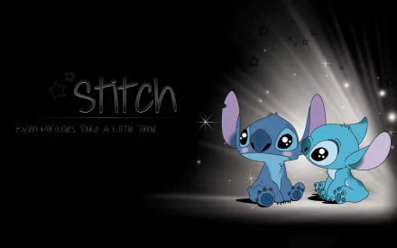 HD desktop wallpaper of Lilo & Stitch with two Stitch figures under a spotlight and the quote Even miracles take a little time.