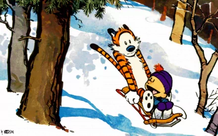 Calvin and Hobbes joyfully sledding down a snowy hill amid trees, capturing the carefree spirit of winter adventures in this HD desktop wallpaper.