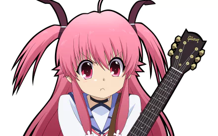HD wallpaper of Yui from Angel Beats! featuring vivid pink hair and holding a guitar, from the anime series Angel Beats!