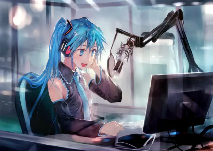 Vibrant 4K Ultra HD anime wallpaper of Hatsune Miku, the iconic Vocaloid, depicted in a recording studio with headphones and microphone.