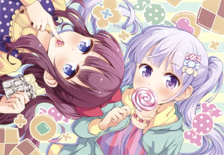 HD anime wallpaper featuring blush-faced Hifumi Takimoto with purple eyes and Aoba Suzukaze with blue eyes, both holding lollipops from New Game!