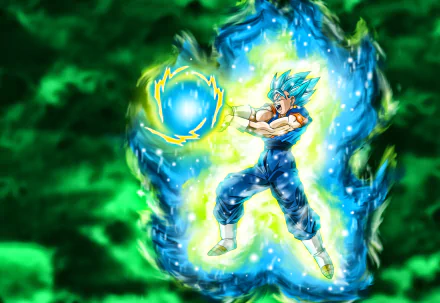 SSGSS Vegito from Dragon Ball Super performing a Kamehameha, set against a vibrant green and blue energy-filled background. This HD wallpaper captures the intensity and power of the iconic anime character.