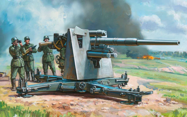 HD military desktop wallpaper depicting artillery crew operating a large field gun in a battlefield setting with smoke and distant explosions.