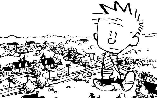 A black-and-white comic-style wallpaper featuring Calvin from Calvin & Hobbes, sitting contentedly above a landscape of houses and trees, capturing a whimsical moment.