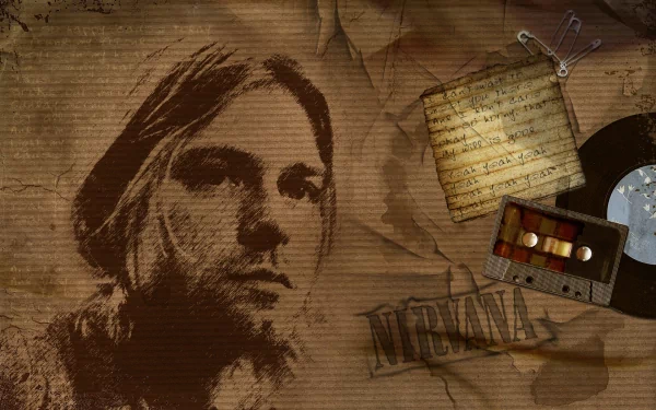 A nostalgic HD desktop wallpaper featuring Kurt Cobain, emblematic of Nirvana, with a vintage aesthetic including musical elements and handwritten notes.