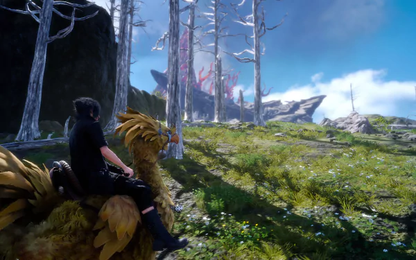 HD wallpaper featuring Noctis Lucis Caelum from Final Fantasy XV riding a Chocobo in a lush, fantastical landscape.
