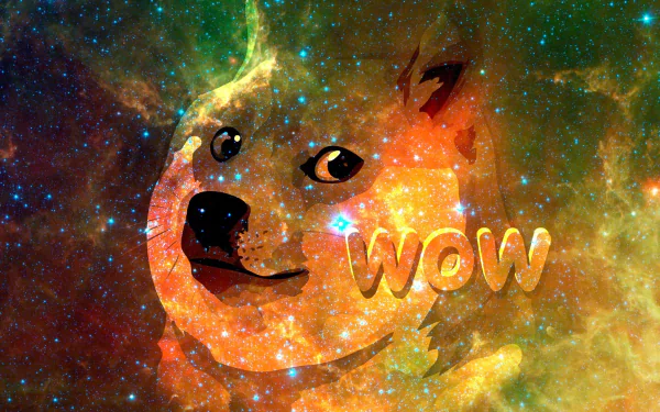 HD desktop wallpaper featuring a cosmic Doge with a vibrant galactic background and the word WOW.