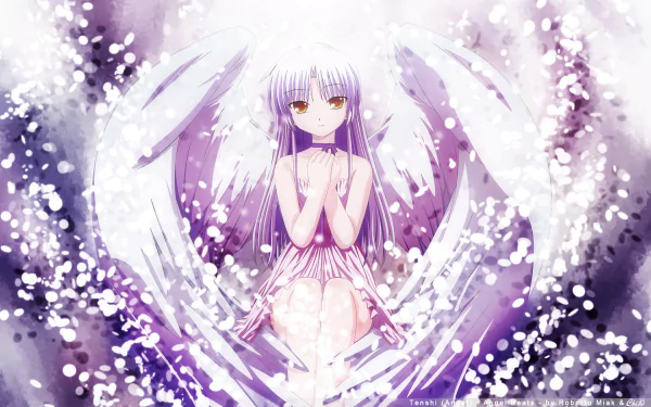 HD desktop wallpaper of Kanade Tachibana from Angel Beats! featuring the anime character with white wings surrounded by a sparkling, ethereal background.