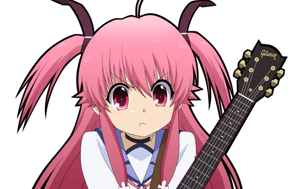 HD wallpaper of Yui from Angel Beats! featuring vivid pink hair and holding a guitar, from the anime series Angel Beats!