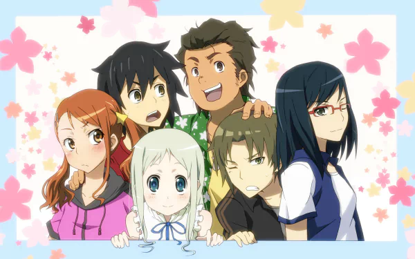 Anime HD desktop wallpaper featuring the main characters from Anohana, showcasing vibrant colors and a cheerful, floral background.