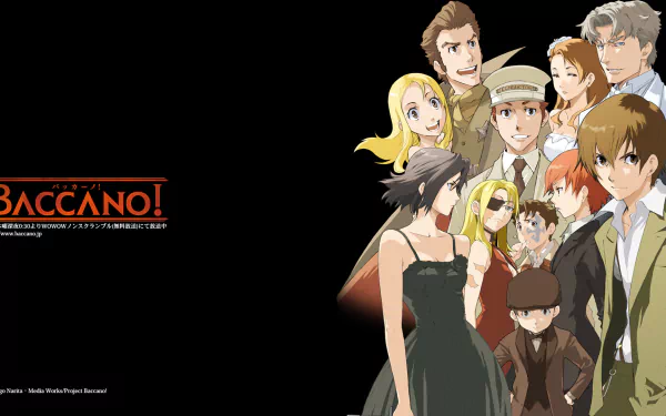HD PC desktop wallpaper featuring a group of characters from the anime Baccano! against a black background with the Baccano! logo on the left side.