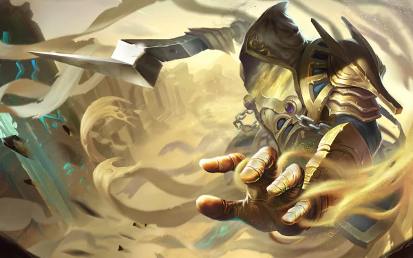 HD desktop wallpaper featuring a sword-wielding warrior from the video game Heroes of Newerth, captured in dynamic action with glowing armor and swirling energy.