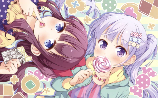 blush purple eyes blue eyes lollipop Hifumi Takimoto Aoba Suzukaze Anime New Game! HD Desktop Wallpaper | Background Image