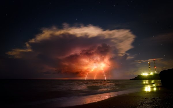Nature Storm Night Cloud Lightning Coastline Horizon Ocean HD Wallpaper | Background Image
