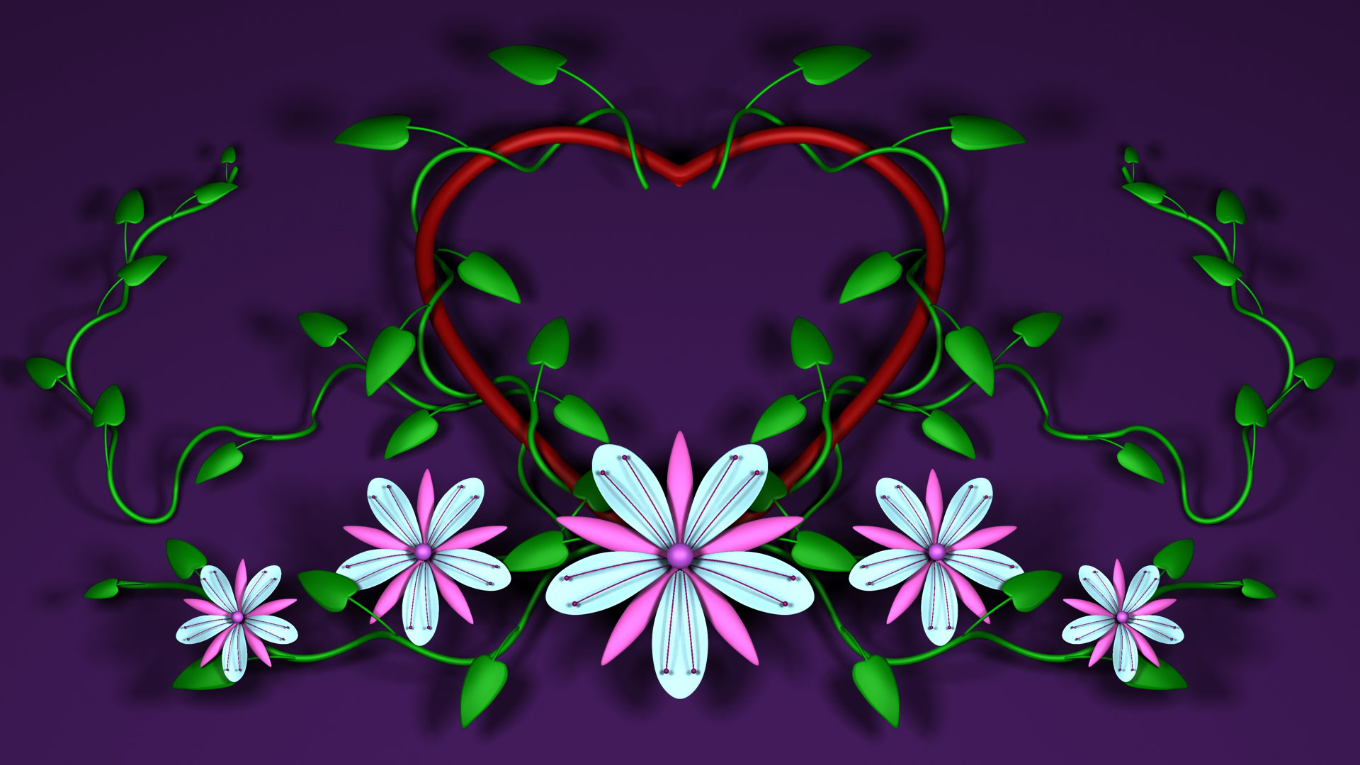 A vibrant HD desktop wallpaper featuring a heart-shaped design with intertwining leaves and delicate flowers, set against a dark purple background. The artwork conveys themes of love and nature.