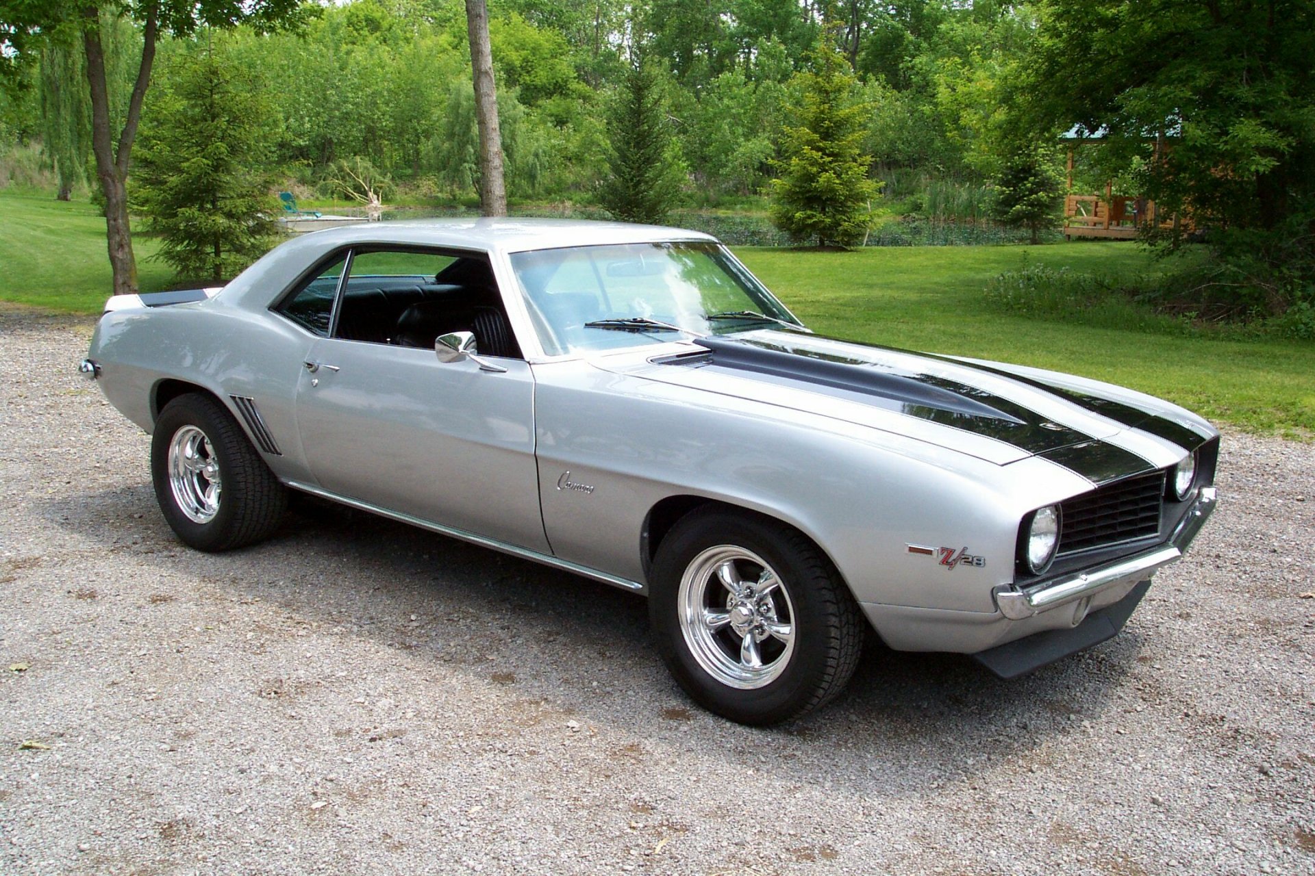 HD desktop wallpaper showcasing a silver Chevrolet Camaro with black racing stripes parked on a gravel driveway in a lush green outdoor setting.