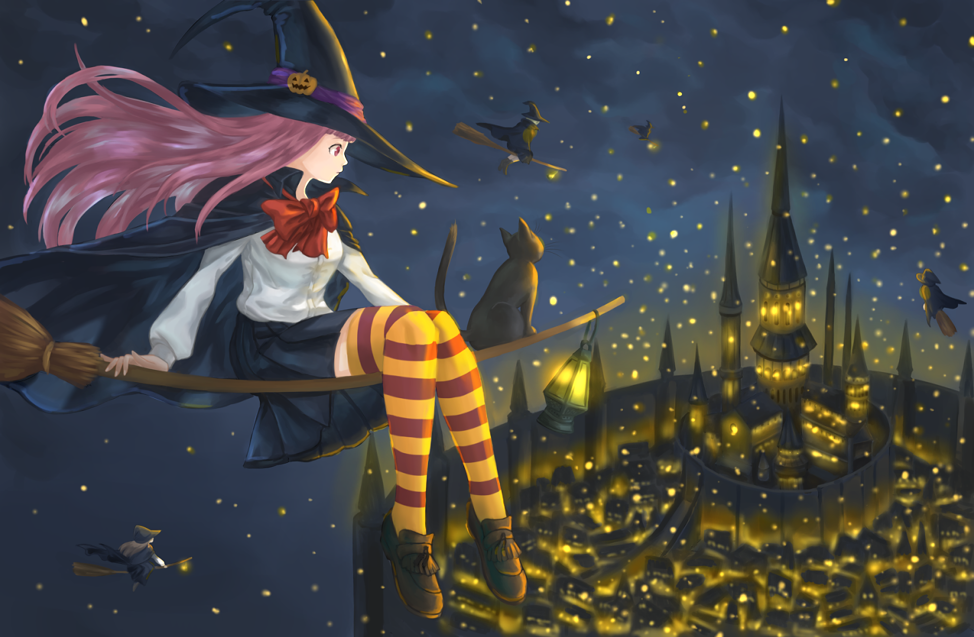 Anime-style witch with pink hair and striped stockings flies on a broomstick over a glowing Halloween town at night, surrounded by bats and stars. HD PC desktop wallpaper.