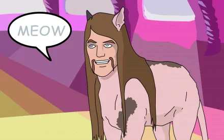 Cartoon HD desktop wallpaper from the TV show Metalocalypse, featuring a character with long hair and cat ears saying MEOW against a colorful background.