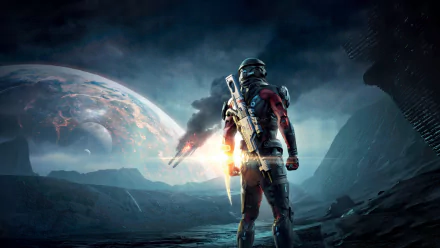 A stunning HD desktop wallpaper of Mass Effect: Andromeda, featuring a soldier gazing at a distant planet with a spaceship in the background.